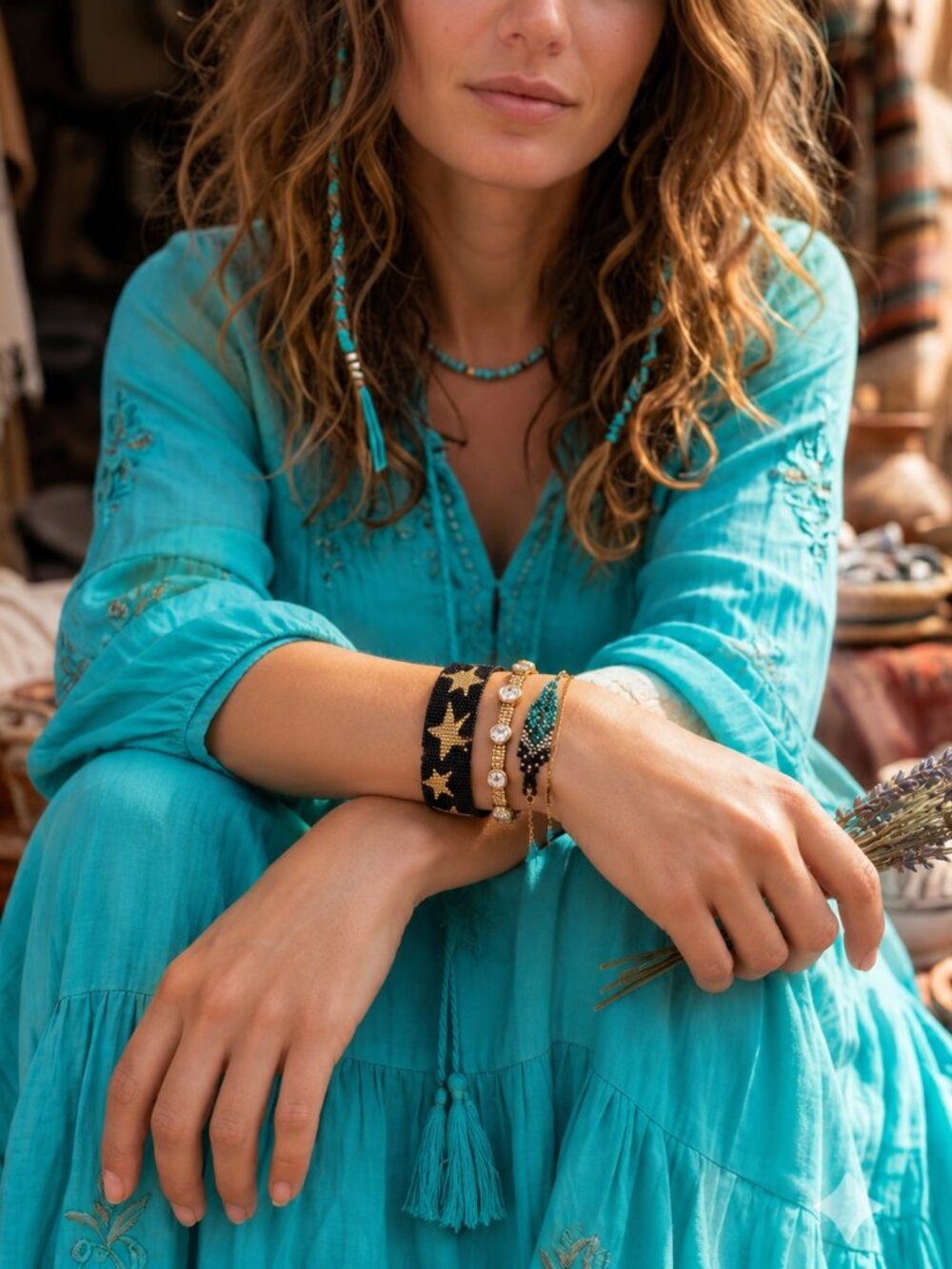 Handmade Boho Bracelet Stack | Black Gold Star & Turquoise Feather Bohemian